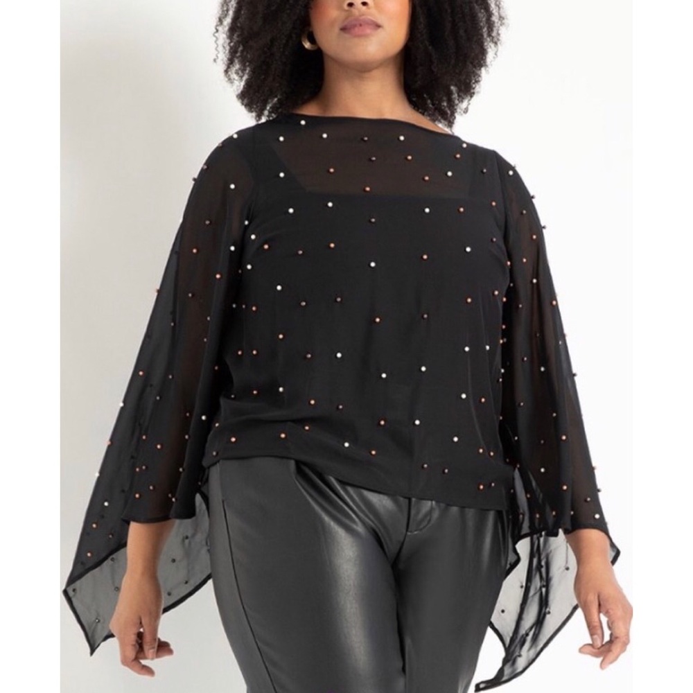🔥HP🔥Eloquii Sheer Bell-Sleeve Top W/Faux Pearls